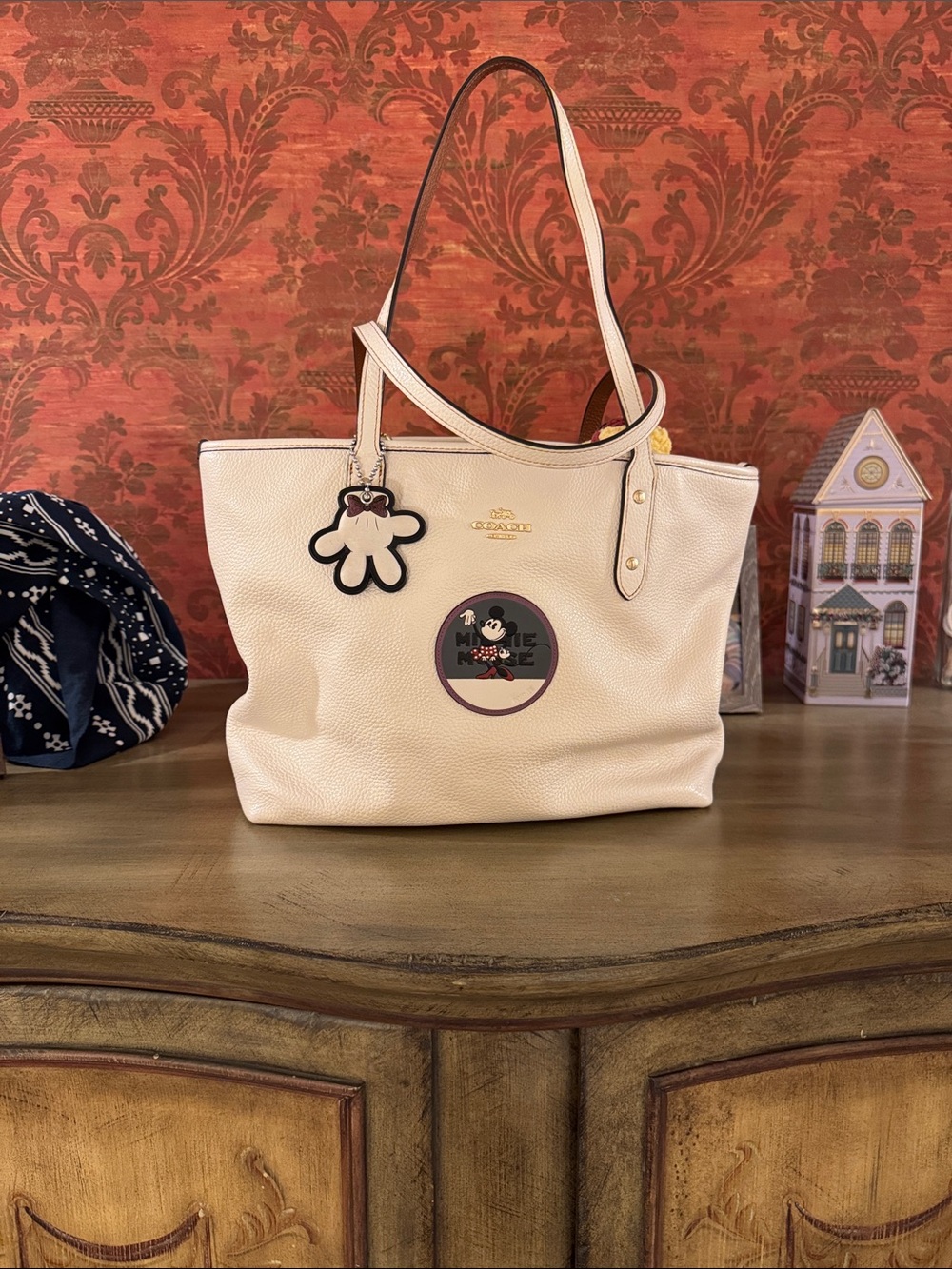 Coach Chalk Leather Tote with Minnie Mouse Patch and Charm